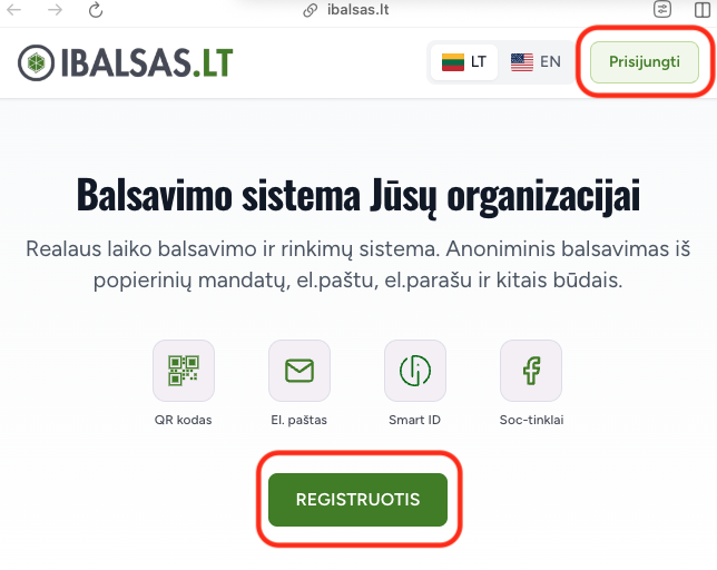 Pradžios puslapis su mygtukais Registruotis ir Prisijungti