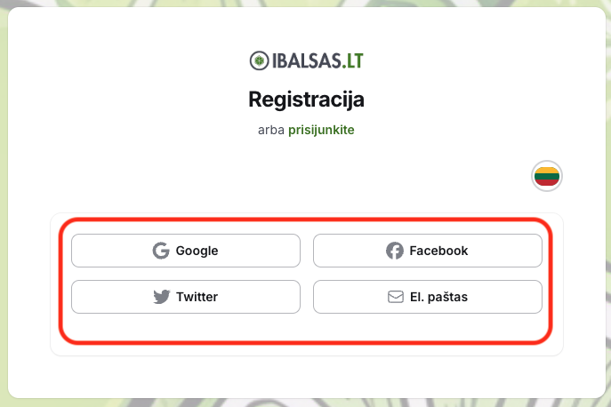 Registracijos būdai: Google, Facebook, Twitter ir el. paštas