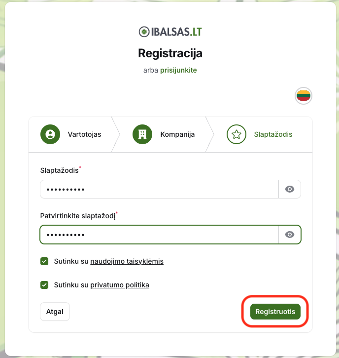 Slaptažodžio žingsnis ir mygtukas Registruotis